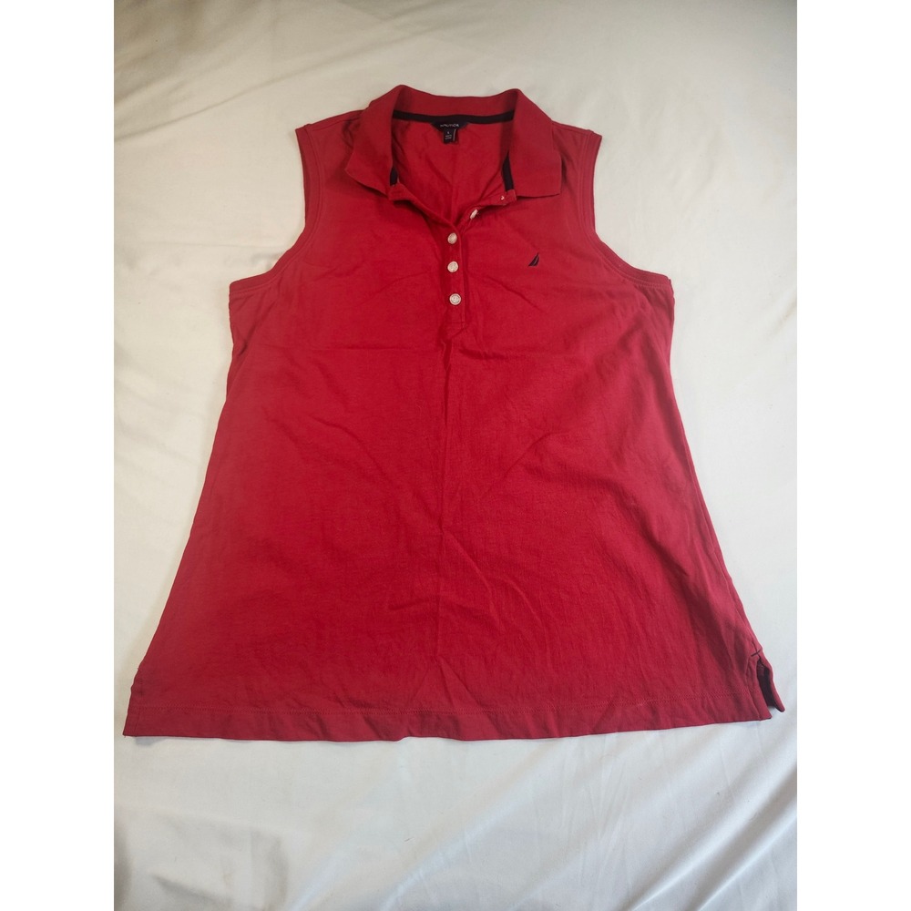 Nautica Womens Sleeveless Polo Shirt Red Cotton Pique Knit Tank Top Large